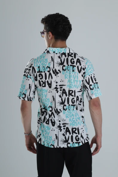 Erkek Grafiti Desenli Turkuaz Hawai Gömlek COC1151 - Resim 4