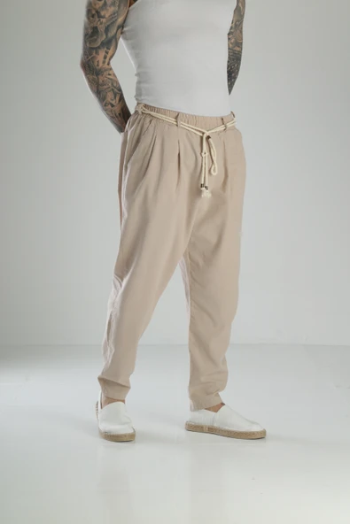 Kapgan İp Detaylı Bej Keten Pantolon COC1464 - Resim 3