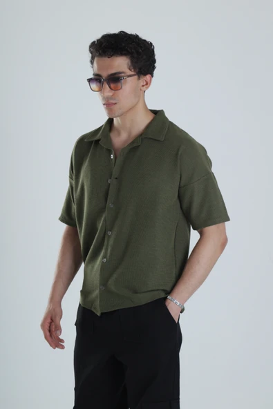 Erkek Haki Gofre Gömlek COC1153 - Resim 2