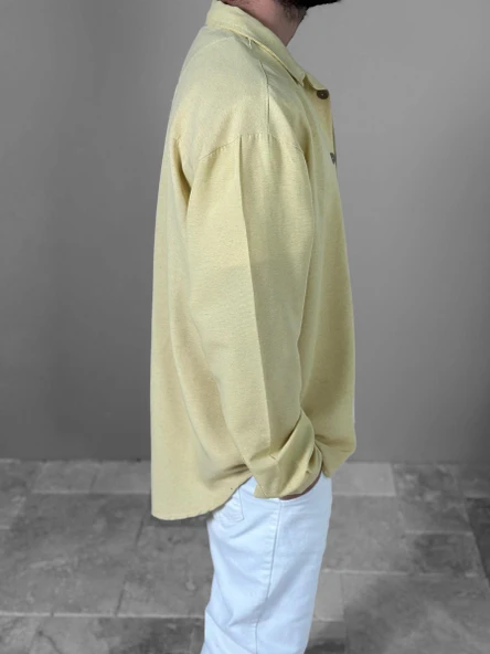 Sarı Desenli Keten Gömlek COC1961 - Resim 3