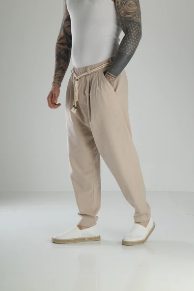 Kapgan İp Detaylı Bej Keten Pantolon COC1464 - Resim 2