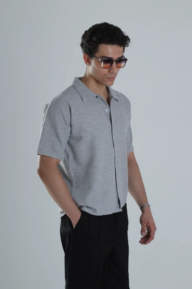 Erkek Gri Gofre Gömlek COC1152 - Resim 3