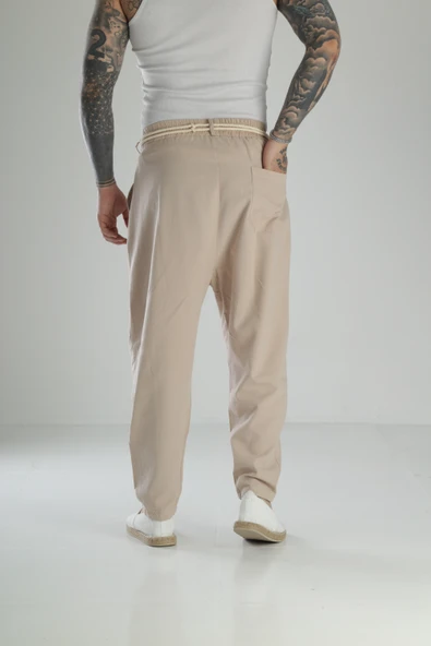Kapgan İp Detaylı Bej Keten Pantolon COC1464 - Resim 4