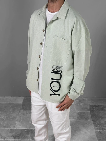 Su Yeşili Desenli Keten Gömlek COC1802 - Resim 2