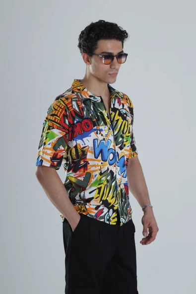 Erkek Wow Desenli Hawai Gömlek COC1169 - Resim 3