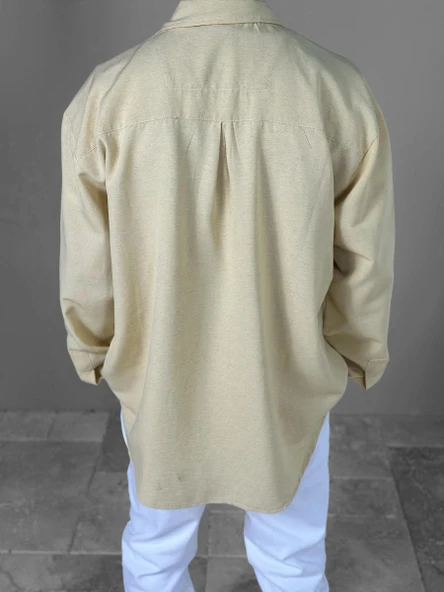 Sarı Desenli Keten Gömlek COC1961 - Resim 4