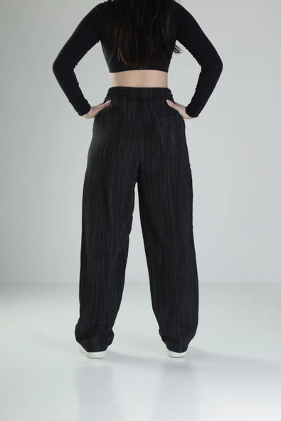 Aerobin Keten Kumaş Siyah Baggy Pantolon COC1881 - Resim 4