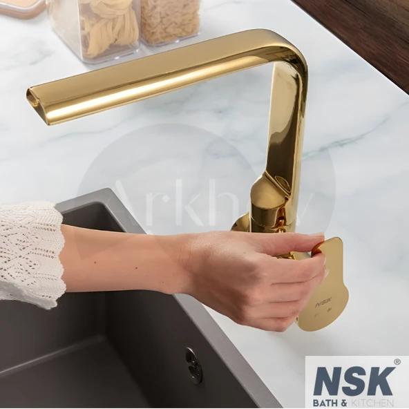 NSK Alora Pro Döner "L" Borulu Eviye Bataryası - PVD Altın / Döküm Boru N3062219 ürün görseli