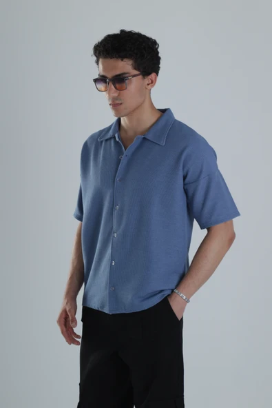 Erkek Mavi Gofre Gömlek COC1160 - Resim 2