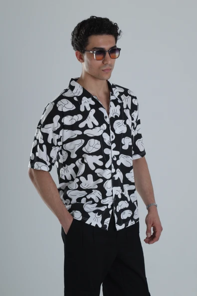 Erkek Siyah Beyaz Desenli Hawai Gömlek COC1164 - Resim 3
