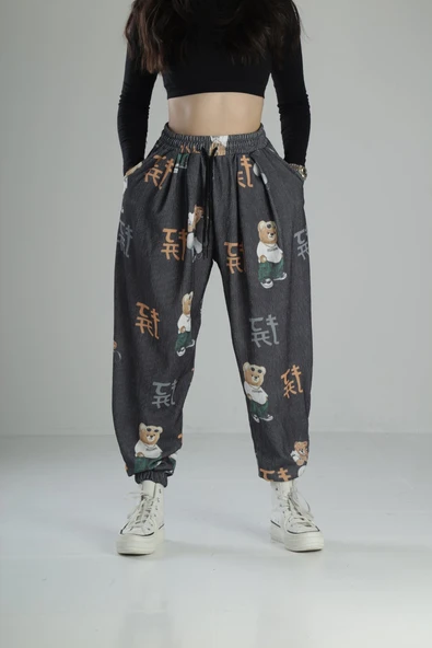 Ayıcık Desenli Rahat Kesim Bürümcük Jogger Pantolon COC2416 ürün görseli 1
