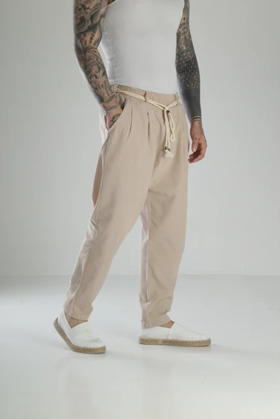 Kapgan İp Detaylı Bej Keten Pantolon COC1464 ürün görseli