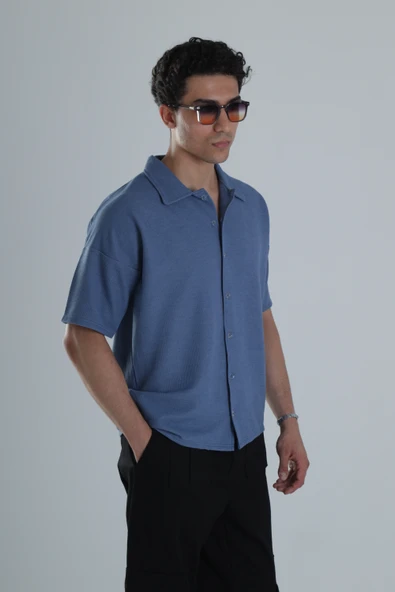 Erkek Mavi Gofre Gömlek COC1160 - Resim 3