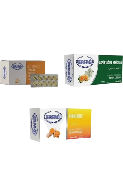 Ersağ OMEGA 3 + ASPİR YAĞI VE KEKİK YAĞI KAPSÜL +KURKUMİN Z JEL KAPSÜL (3 LÜ SET) ürün görseli