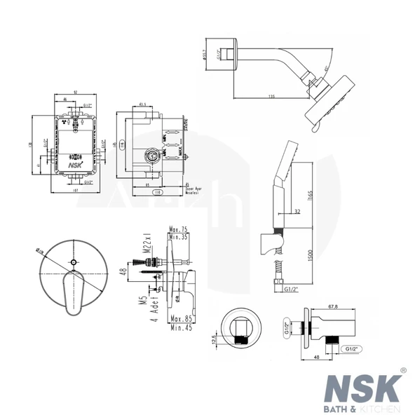 NSK Ankastre Banyo Batarya Duş Sistemi Seti - Krom / Sıva Altı Grubu İç Set Dahil ARKHEV0026 - Resim 2