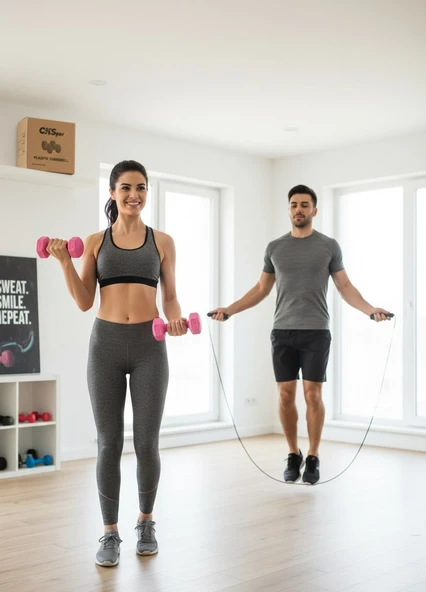 2’li Başlangıç Fitness Seti – 1KG x2 Dambıl (Toplam 2 KG) + Atlama İpi – Evde Spor ve Kardiyo Seti - Resim 3