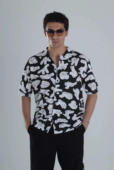 Erkek Siyah Beyaz Desenli Hawai Gömlek COC1164 ürün görseli