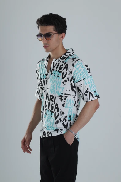 Erkek Grafiti Desenli Turkuaz Hawai Gömlek COC1151 - Resim 2