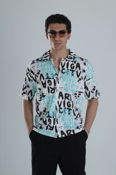 Erkek Grafiti Desenli Turkuaz Hawai Gömlek COC1151 ürün görseli