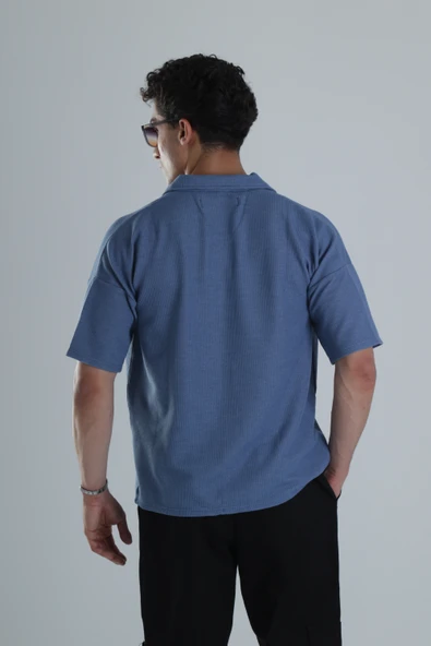 Erkek Mavi Gofre Gömlek COC1160 - Resim 4