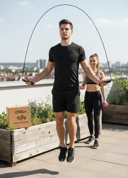 2’li Başlangıç Fitness Seti – 1KG x2 Dambıl (Toplam 2 KG) + Atlama İpi – Evde Spor ve Kardiyo Seti - Resim 2