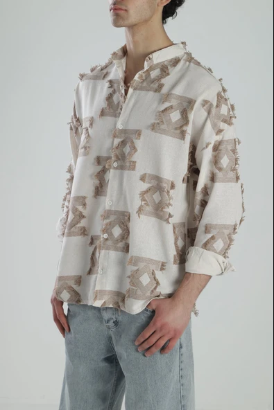 Kahve Desenli Vintage Püsküllü Gömlek COC2159 - Resim 4