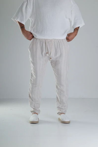 Kahve Çizgili Müslin Keten Baggy Pantolon COC1358 - Resim 3