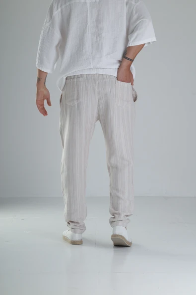 Kahve Çizgili Müslin Keten Baggy Pantolon COC1358 - Resim 5