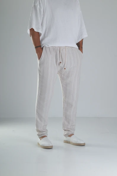 Kahve Çizgili Müslin Keten Baggy Pantolon COC1358 - Resim 4