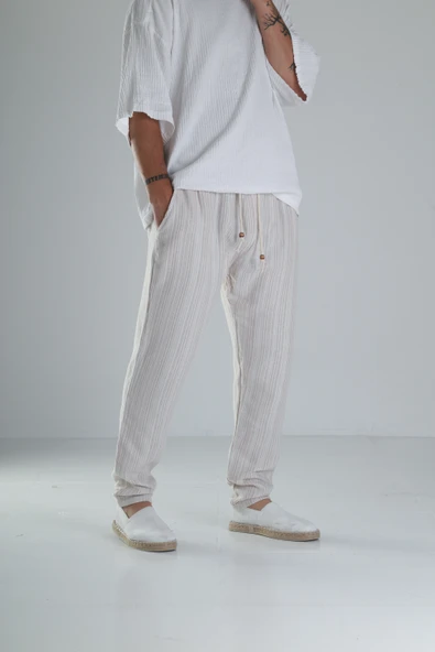 Kahve Çizgili Müslin Keten Baggy Pantolon COC1358 ürün görseli 1
