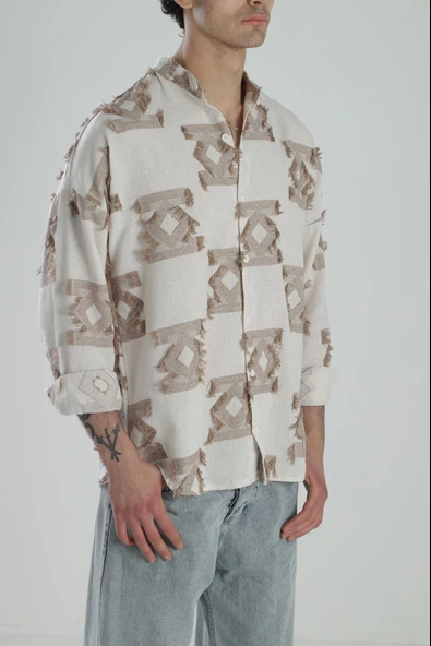 Kahve Desenli Vintage Püsküllü Gömlek COC2159 - Resim 5