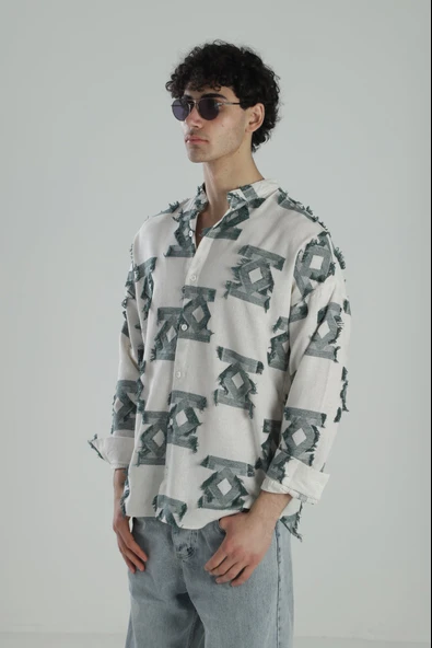 Yeşil Desenli Vintage Püsküllü Gömlek COC1845 - Resim 3