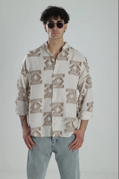 Kahve Desenli Vintage Püsküllü Gömlek COC2159 - Resim 2