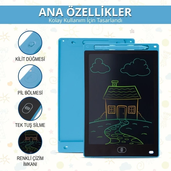 Think Master Luxury Çocuk Yazı Tahtası Renkli E-Yazı Tahtası Digital Yazı Tahtası Çizim Tableti 10.5 Inç Ekranlı Mavi 1 Adet - Resim 5