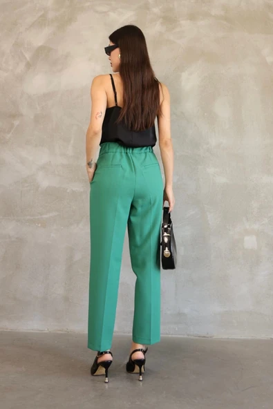 Aksesuar Detaylı Beli Lastikli Kumaş Pantolon 6119-Yeşil - Resim 6
