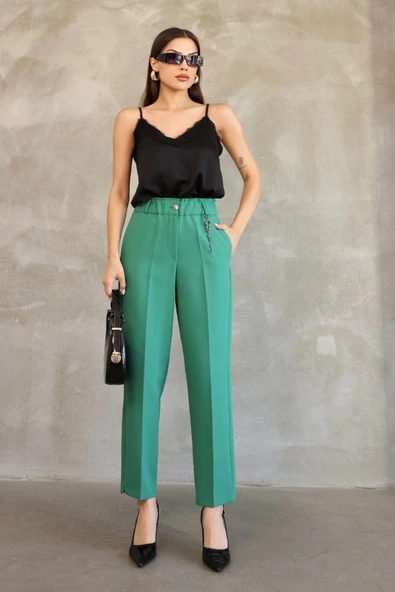 Aksesuar Detaylı Beli Lastikli Kumaş Pantolon 6119-Yeşil - Resim 3