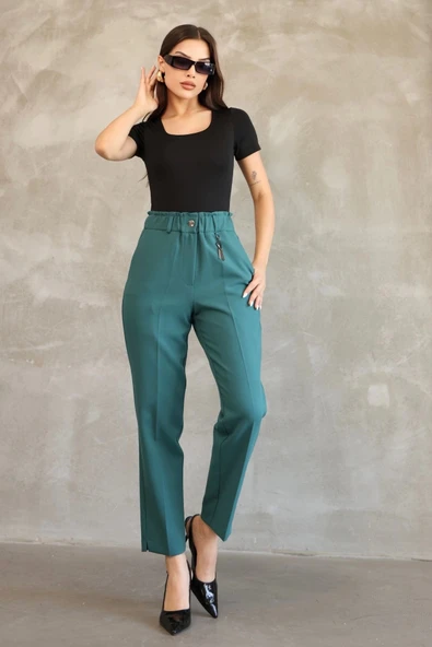 Aksesuar Detaylı Beli Lastikli Kumaş Pantolon 6119-Petrol Yeşili - Resim 2