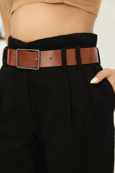 Kemer Detaylı Pileli Gabardin Kumaş Pantolon 5856-Siyah - Resim 3