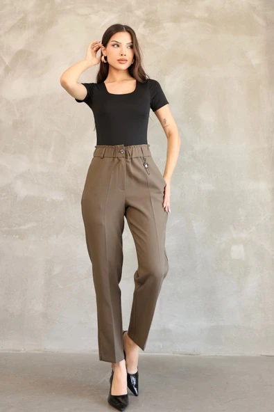 Aksesuar Detaylı Beli Lastikli Kumaş Pantolon 6119-Haki - Resim 3
