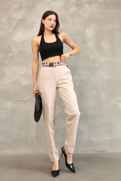 Cep Detaylı Kemerli Pamuklu Kumaş Pantolon 6174-Vizon ürün görseli