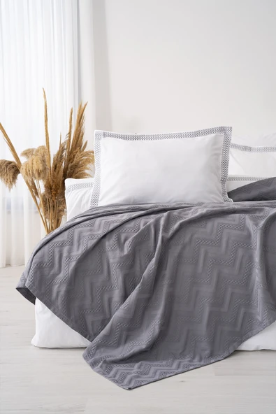 Noemi Gri Çift Kişilik %100 Pamuklu Nevresimli Yatak Örtüsü - 7 Parça Çeyiz Seti - Resim 2