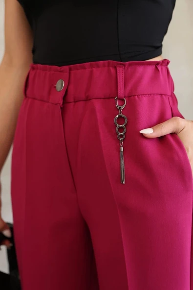 Aksesuar Detaylı Beli Lastikli Kumaş Pantolon 6119-Fuşya - Resim 6
