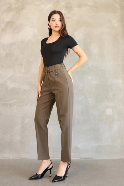 Aksesuar Detaylı Beli Lastikli Kumaş Pantolon 6119-Haki - Resim 2