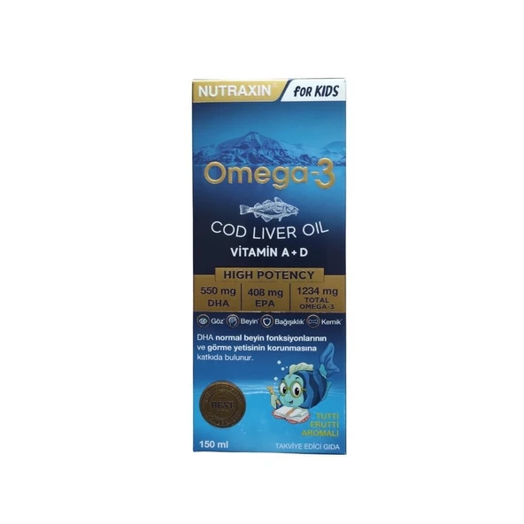Omega3 Kids Cod Liver Oil A,D,E Vitaminleri İçeren Tutti Frutti Aromalı Takviye Edici Gıda 150ml ürün görseli