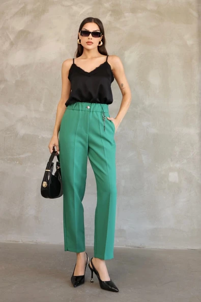 Aksesuar Detaylı Beli Lastikli Kumaş Pantolon 6119-Yeşil ürün görseli