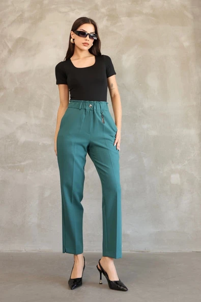 Aksesuar Detaylı Beli Lastikli Kumaş Pantolon 6119-Petrol Yeşili ürün görseli