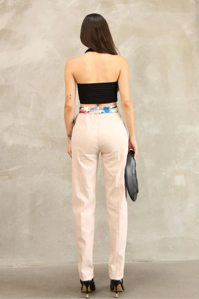 Cep Detaylı Kemerli Pamuklu Kumaş Pantolon 6174-Vizon - Resim 7