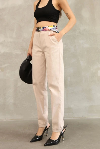 Cep Detaylı Kemerli Pamuklu Kumaş Pantolon 6174-Vizon - Resim 5