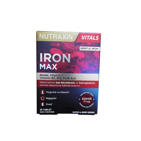 Iron Max Demir, Vitamin C, Vitamin B12 İçeren Takviye Edici Gıda 30 Tablet ürün görseli