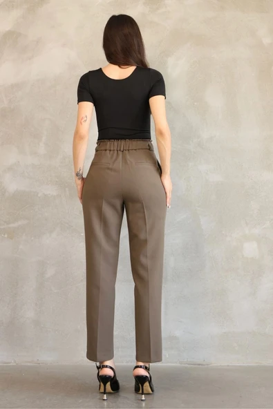 Aksesuar Detaylı Beli Lastikli Kumaş Pantolon 6119-Haki - Resim 6